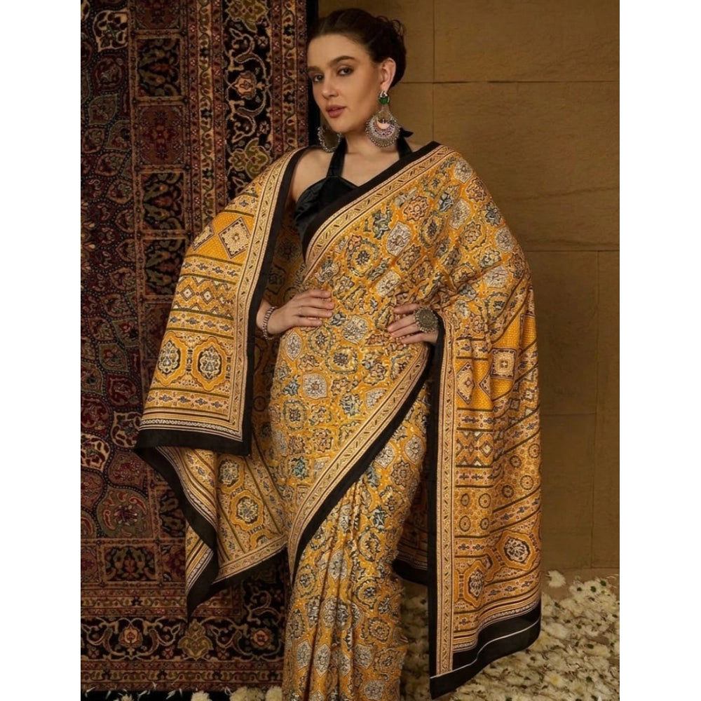 Women's Crepe Printed Saree With Unstitched Blouse 5.5mtr (yellow) | Women Signature Collection
