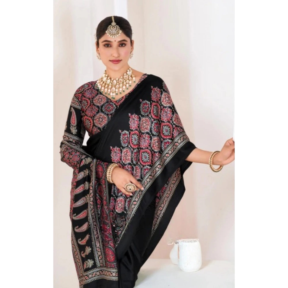 Women's Crepe Printed Saree With Unstitched Blouse 5.5mtr (black) | Women Signature Collection