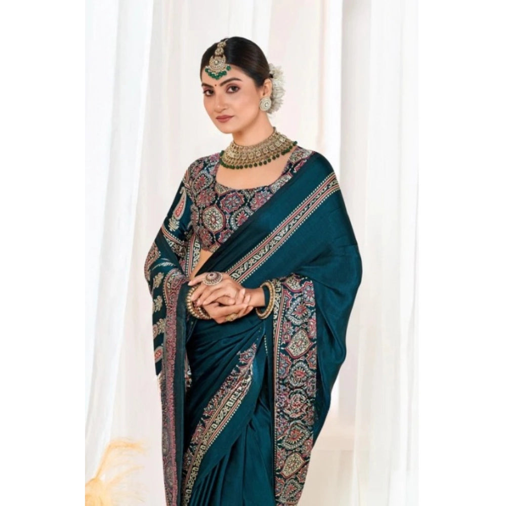 Women's Crepe Printed Saree With Unstitched Blouse 5.5mtr (teal) | Women Signature Collection