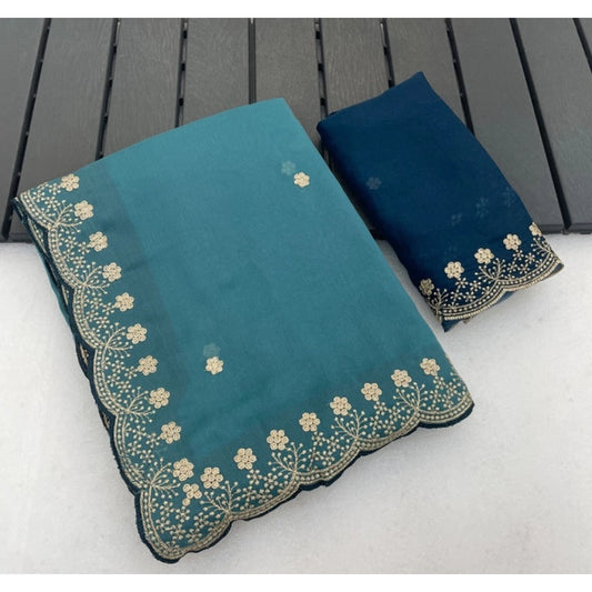 Women's Star Georgette Embroidered Saree With Unstitched Blouse 5.5mtr (blue) | Women Signature Collection