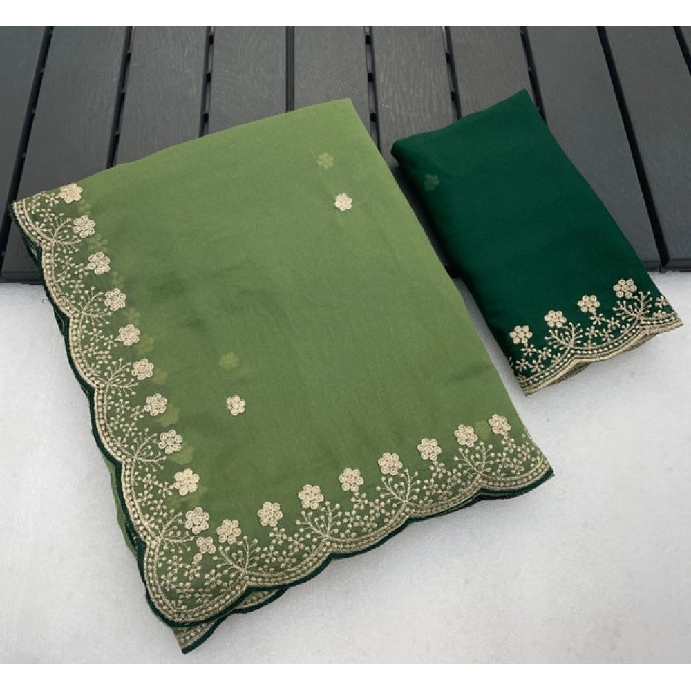 Women's Star Georgette Embroidered Saree With Unstitched Blouse 5.5mtr (green) | Women Signature Collection