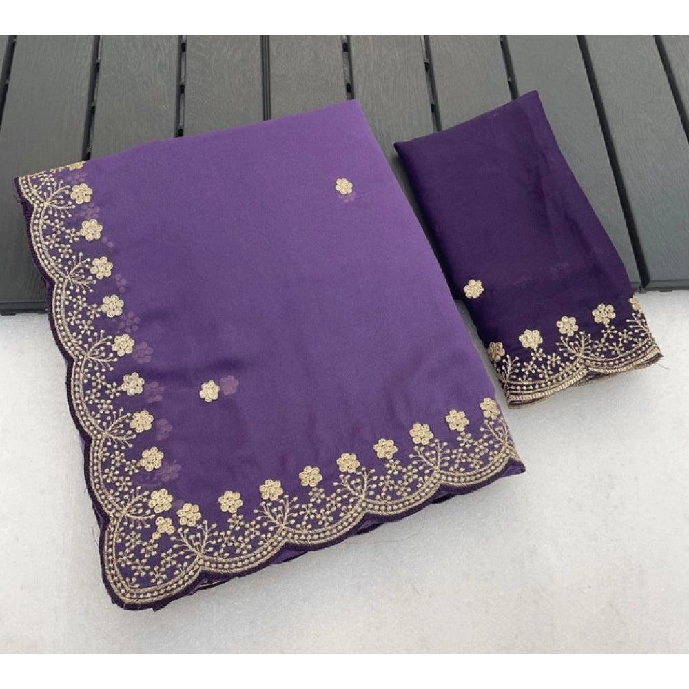 Women's Star Georgette Embroidered Saree With Unstitched Blouse 5.5mtr (purple) | Women Signature Collection