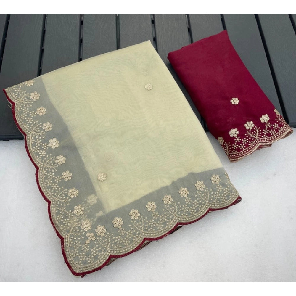 Women's Star Georgette Embroidered Saree With Unstitched Blouse 5.5mtr (off White) | Women Signature Collection