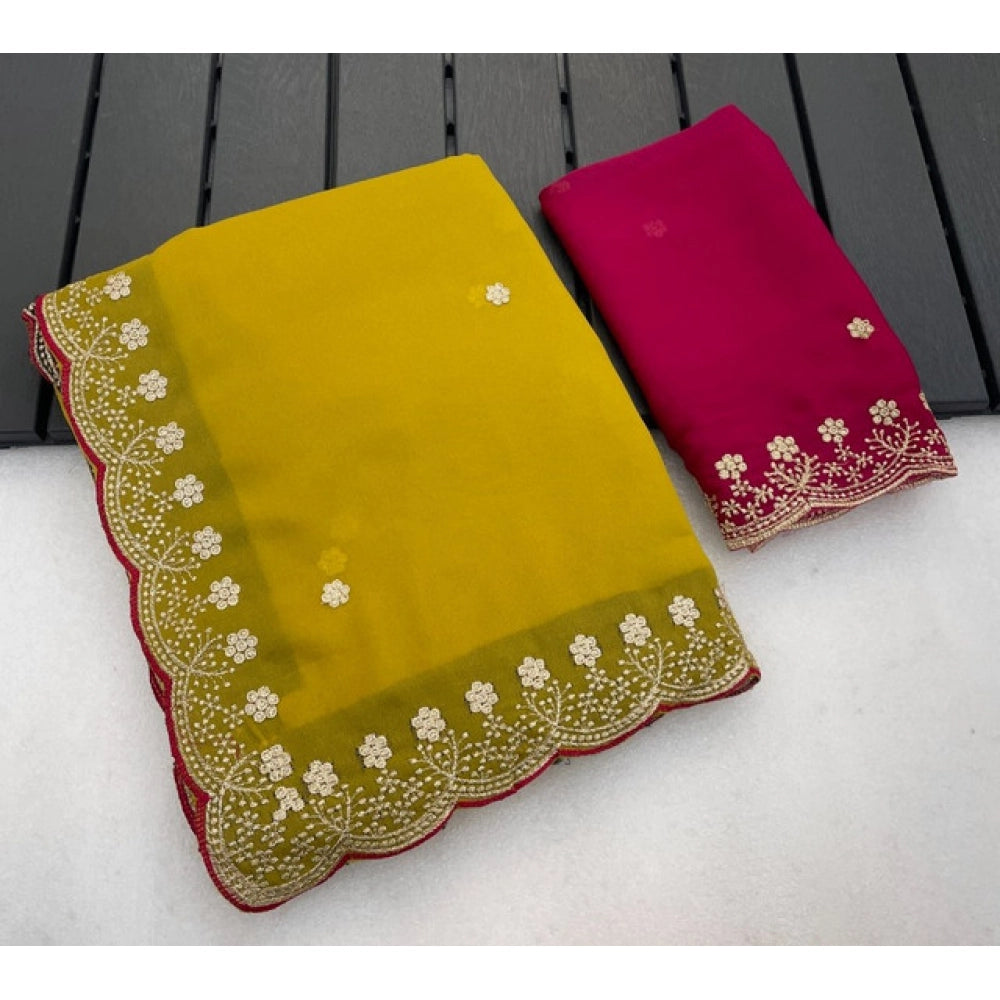 Women's Star Georgette Embroidered Saree With Unstitched Blouse 5.5mtr (yellow) | Women Signature Collection