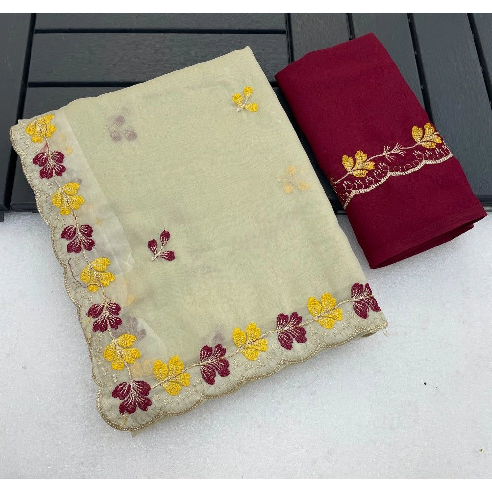Women's Star Georgette Embroidered Saree With Unstitched Blouse 5.5mtr (beige Red) | Women Signature Collection