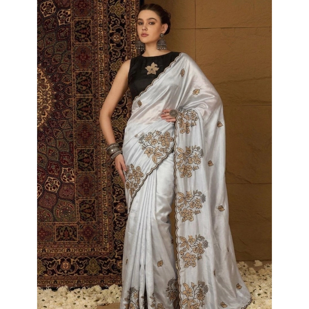 Women's Viscose Silk Embroidered Saree With Unstitched Blouse 5.5mtr (grey) | Women Signature Collection