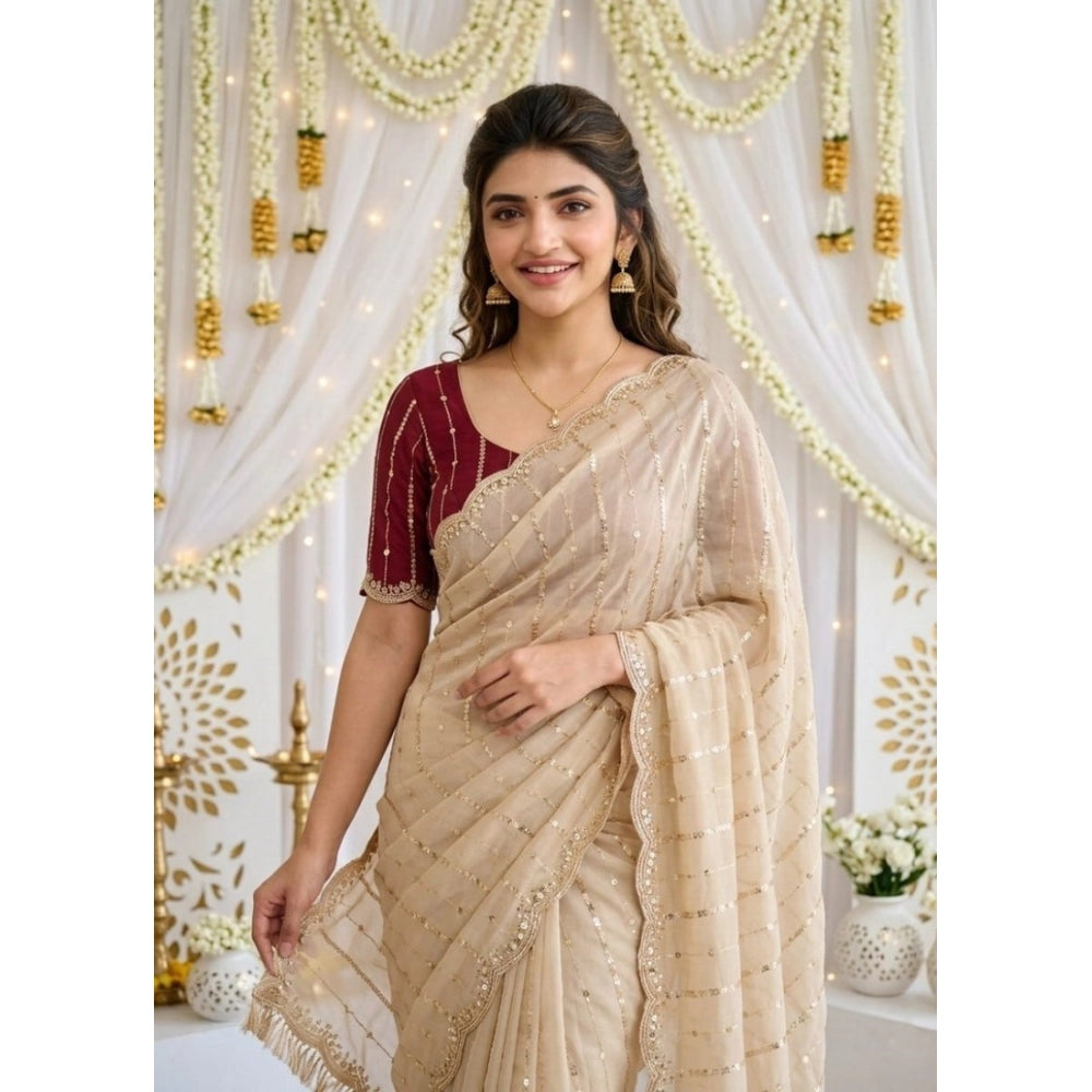Women's Star Georgette Embroidered Saree With Unstitched Blouse 5.5mtr (beige) | Women Signature Collection