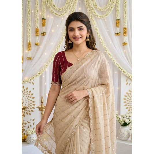 Women's Star Georgette Embroidered Saree With Unstitched Blouse 5.5mtr (beige) | Women Signature Collection