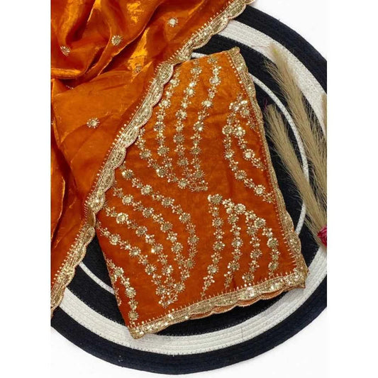Coral Maya Satin Embellished Saree with Unstitched Blouse 5.5 m