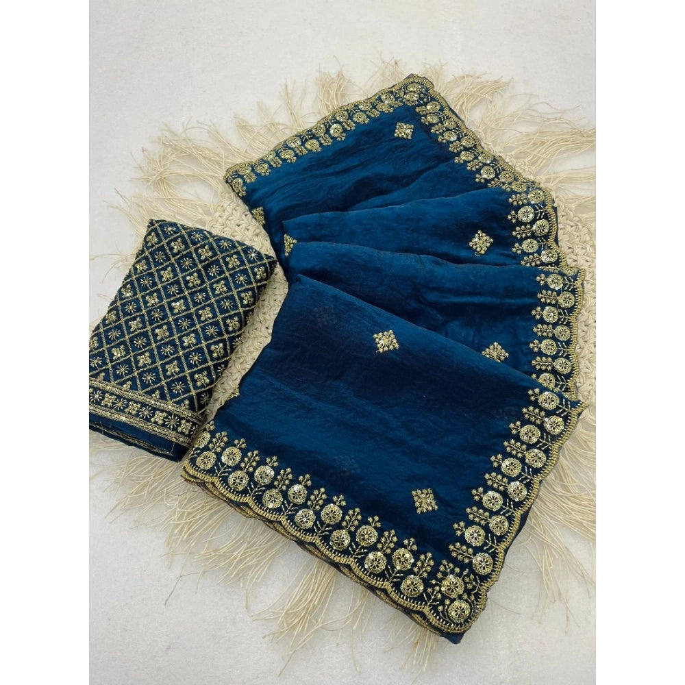 Women's Satin Embellished Saree With Unstitched Blouse 5.5mtr (teal) | Women Signature Collection