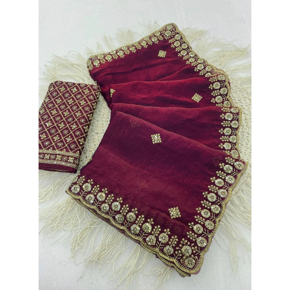 Women's Satin Embellished Saree With Unstitched Blouse 5.5mtr (maroon) | Women Signature Collection
