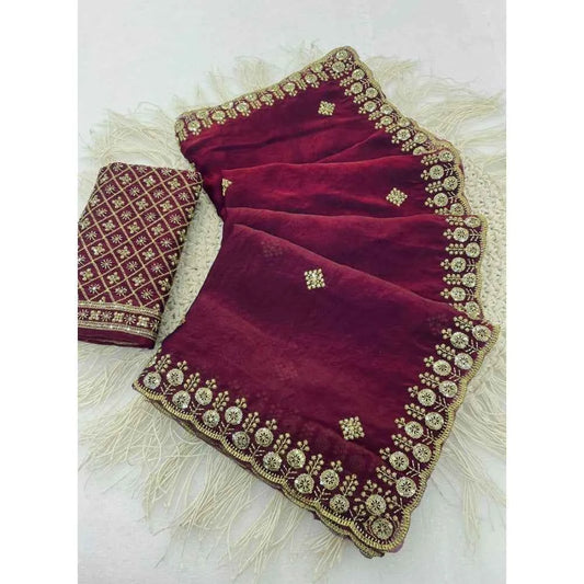 Burgundy Naya Satin Embellished Saree with Unstitched Blouse 5.5 m