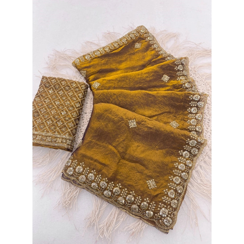 Women's Satin Embellished Saree With Unstitched Blouse 5.5mtr (mustard) | Women Signature Collection