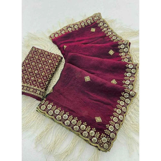 Burgundy Nyra Satin Embellished Saree with Unstitched Blouse 5.5 m