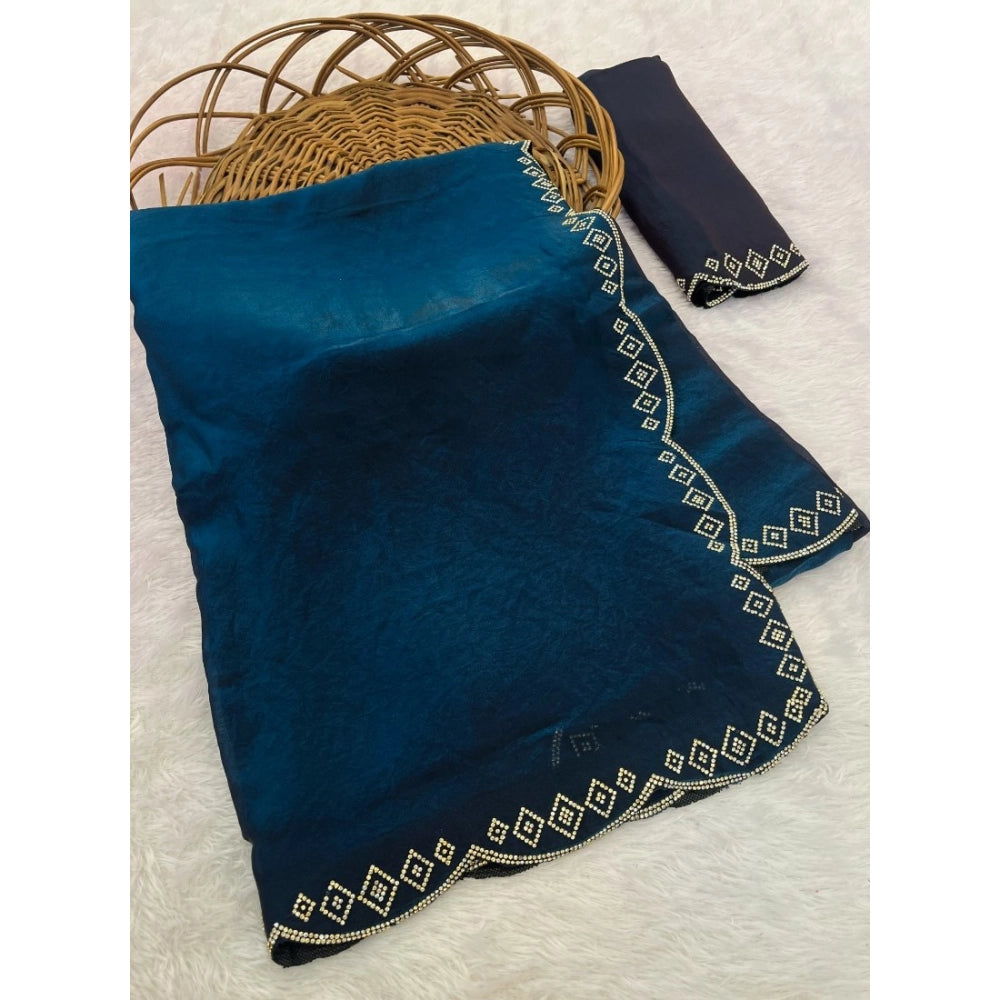 Women's Satin Embellished Saree With Unstitched Blouse 5.5mtr (navy) | Women Signature Collection