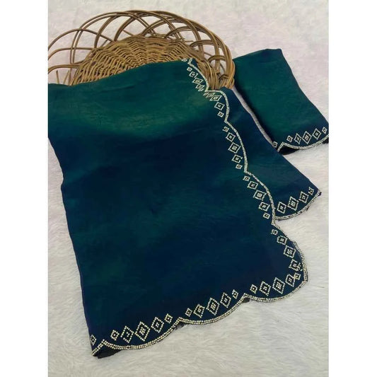 Emerald Tara Satin Embellished Saree with Unstitched Blouse 5.5 m
