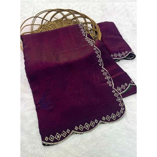 Burgundy Veda Satin Embellished Saree with Unstitched Blouse 5.5 m