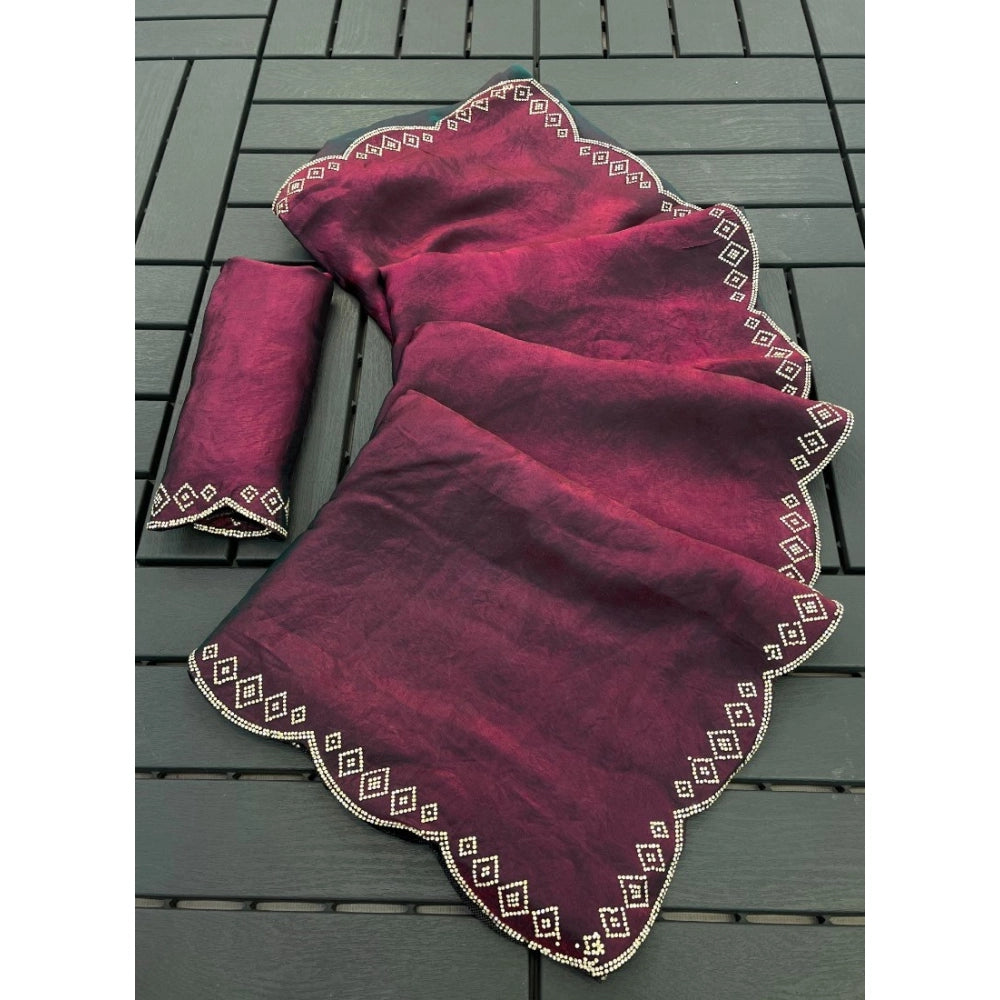 Women's Satin Embellished Saree With Unstitched Blouse 5.5mtr (burgundy) | Women Signature Collection