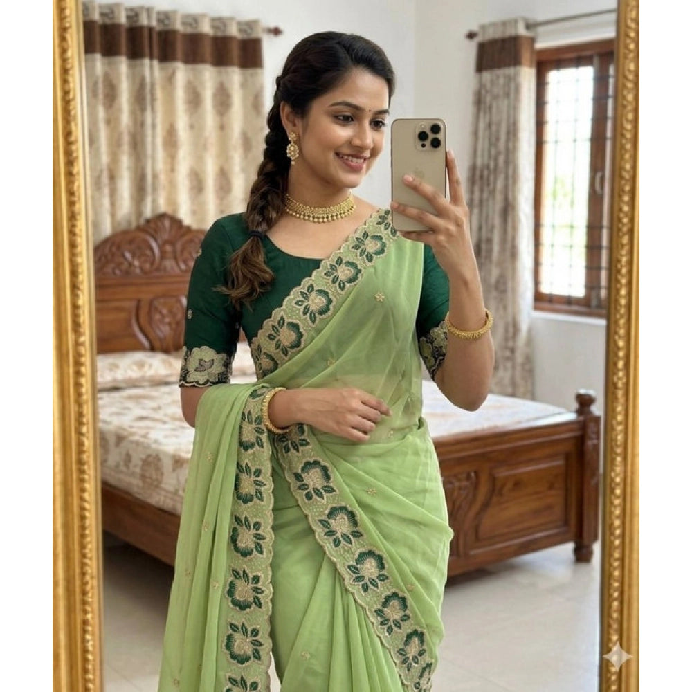 Women's Star Georgette Embroidered Saree With Unstitched Blouse 5.5mtr (green) | Women Signature Collection