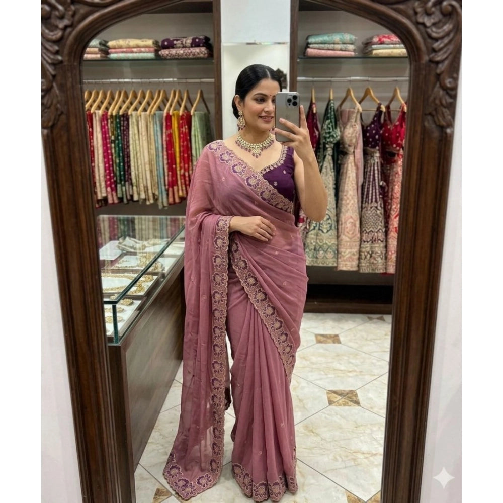 Women's Star Georgette Embroidered Saree With Unstitched Blouse 5.5mtr (pink) | Women Signature Collection