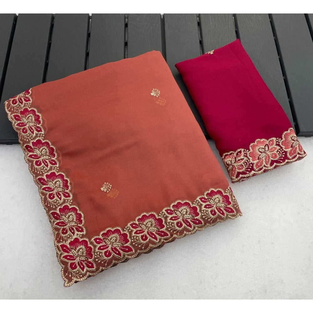 Women's Star Georgette Embroidered Saree With Unstitched Blouse 5.5mtr (orange) | Women Signature Collection