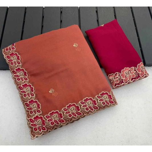 Coral Dahlia Star Georgette Embroidered Saree with Unstitched Blouse 5.5 m