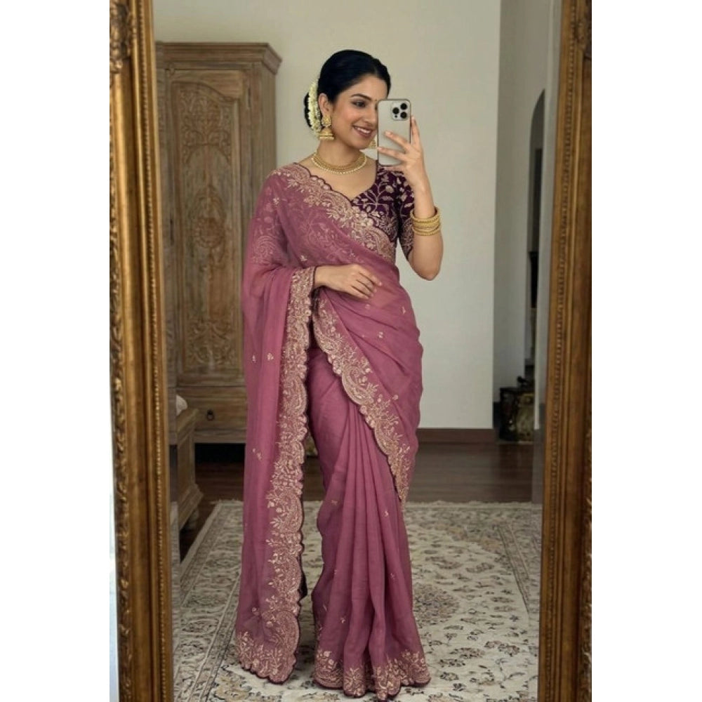 Women's Star Georgette Embroidered Saree With Unstitched Blouse 5.5mtr (pink) | Women Signature Collection