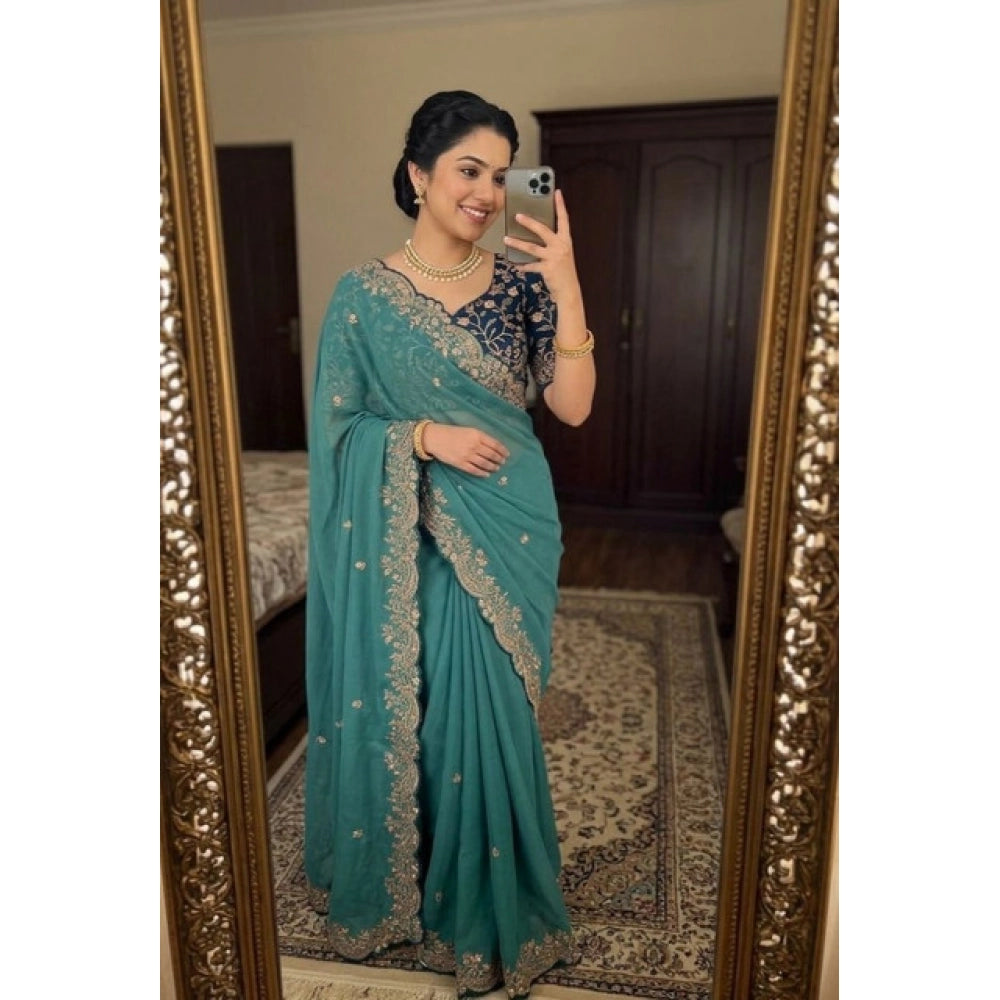 Women's Star Georgette Embroidered Saree With Unstitched Blouse 5.5mtr (sea Green) | Women Signature Collection