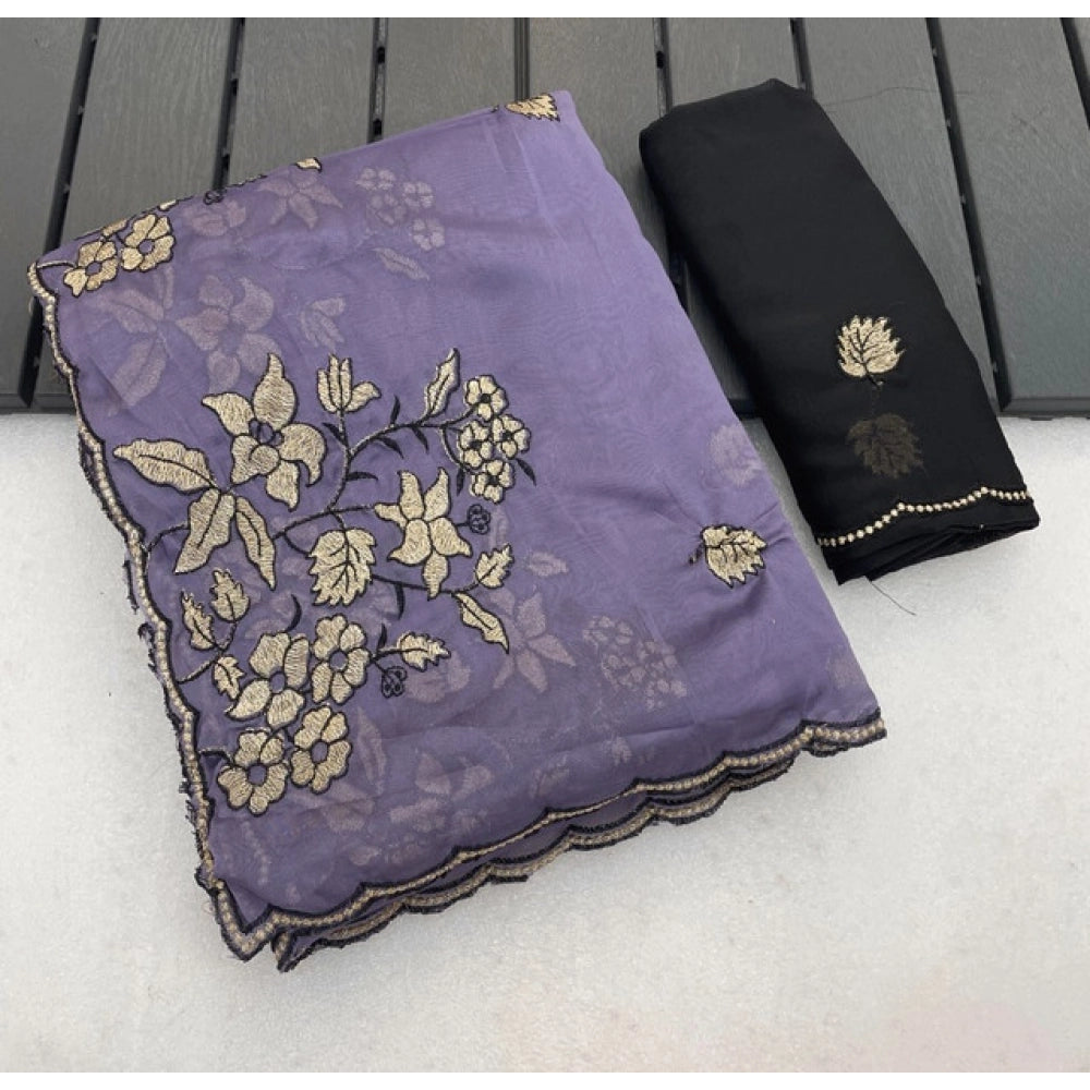 Women's Viscose Silk Embroidered Saree With Unstitched Blouse 5.5mtr (purple) | Women Signature Collection