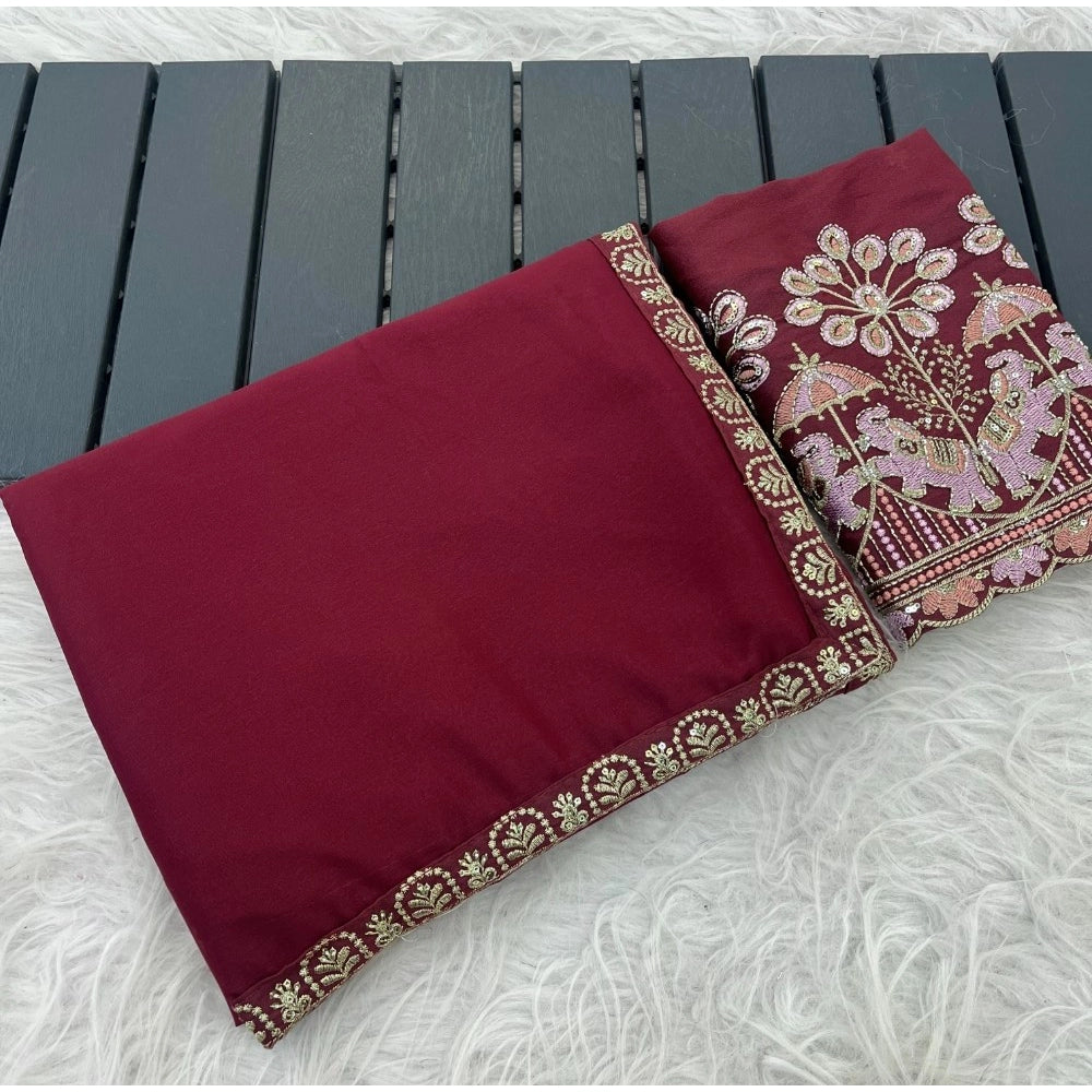Women's Art Silk Embroidered Saree With Unstitched Blouse 5.5mtr (maroon) | Women Signature Collection