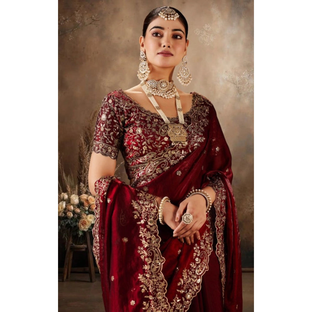 Women's Silk Embroidered Saree With Unstitched Blouse 5.5mtr (maroon) | Women Signature Collection
