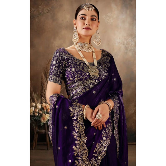 Women's Silk Embroidered Saree With Unstitched Blouse 5.5mtr (purple) | Women Signature Collection