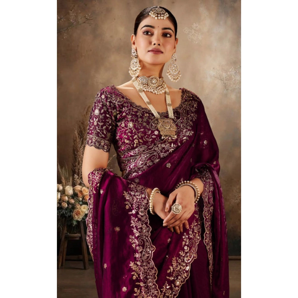 Women's Silk Embroidered Saree With Unstitched Blouse 5.5mtr (wine) | Women Signature Collection
