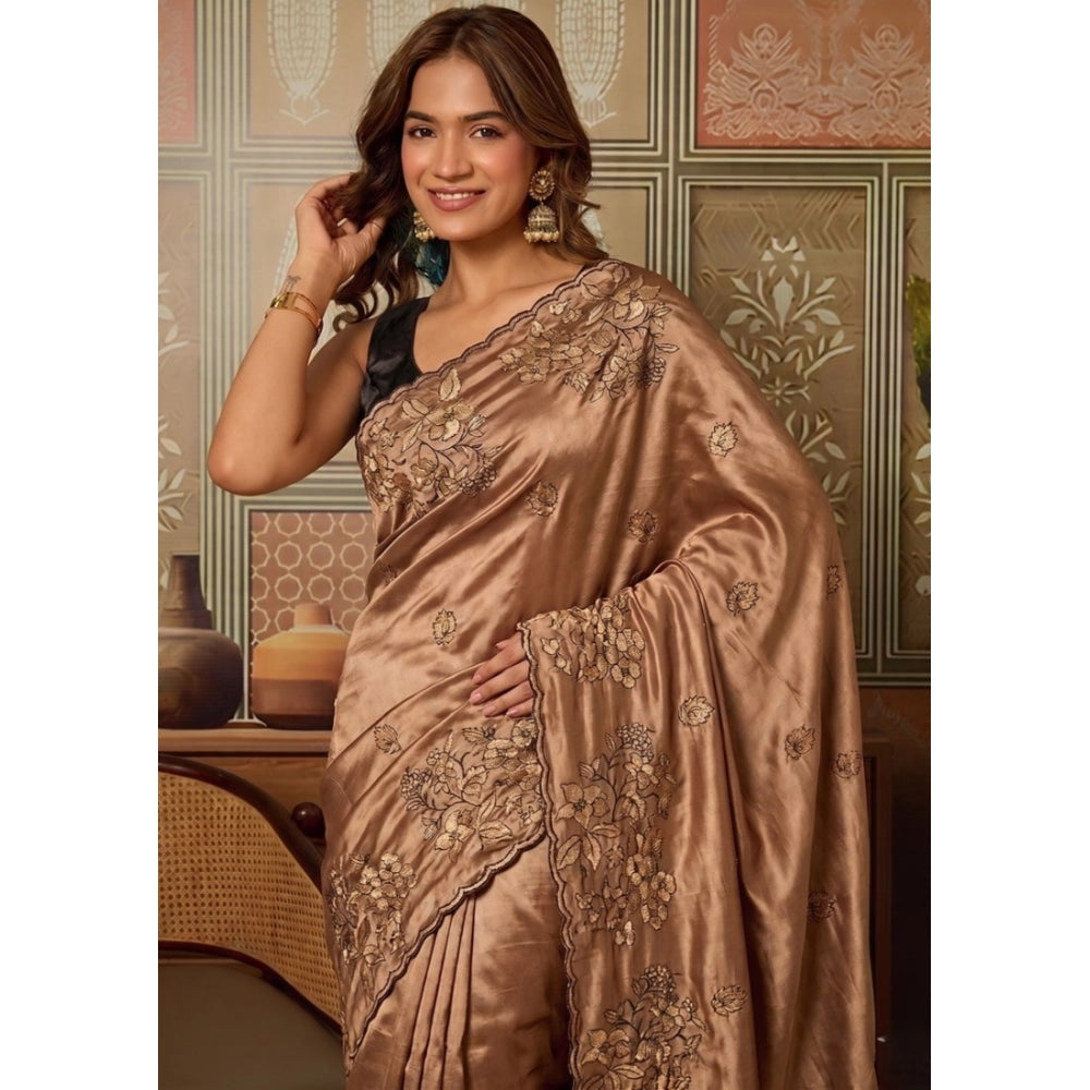 Women's Viscose Silk Embroidered Saree With Unstitched Blouse 5.5mtr (brown) | Women Signature Collection