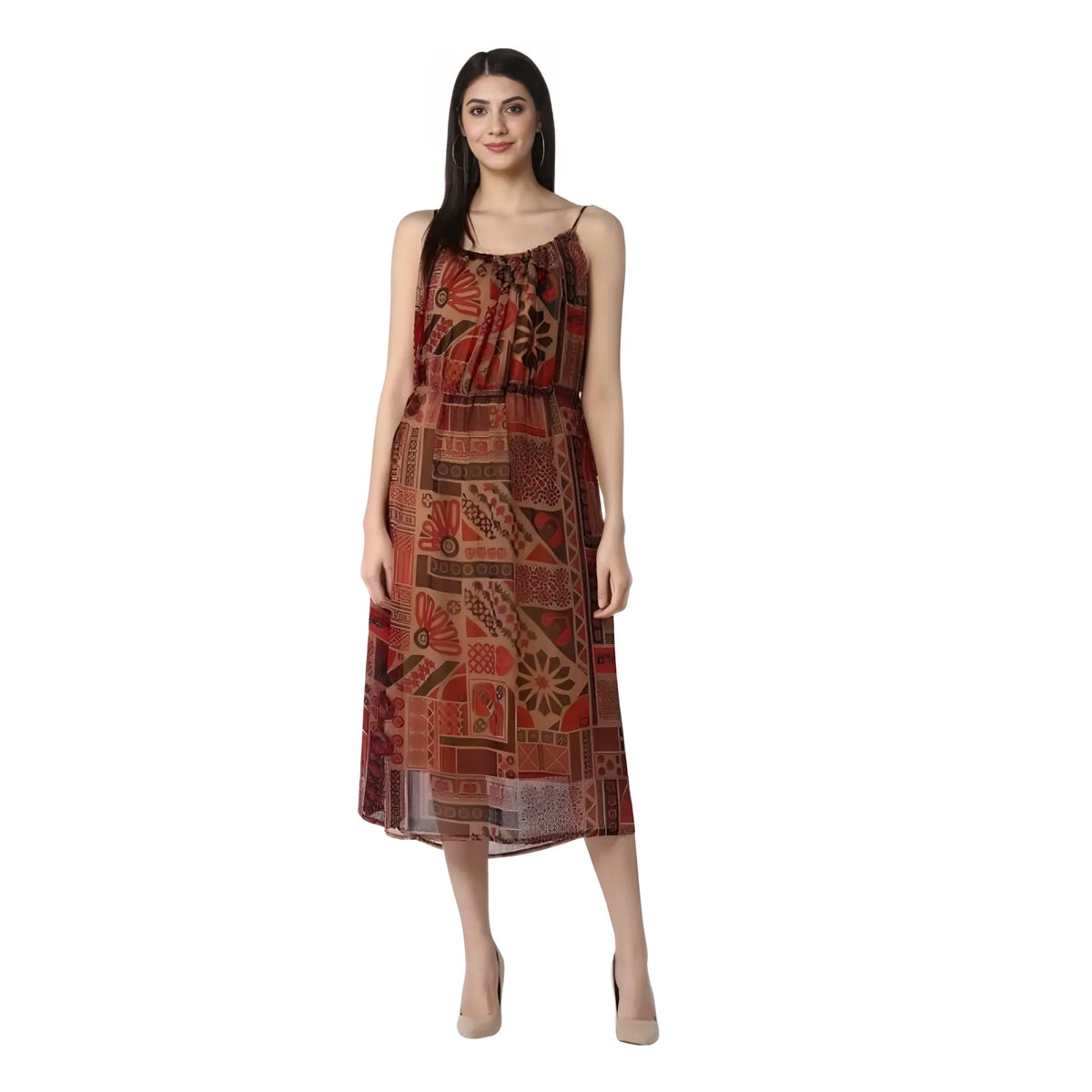 Women's Polyester Printed Shoulder Straps Dress (maroon Brown) | Women Signature Collection
