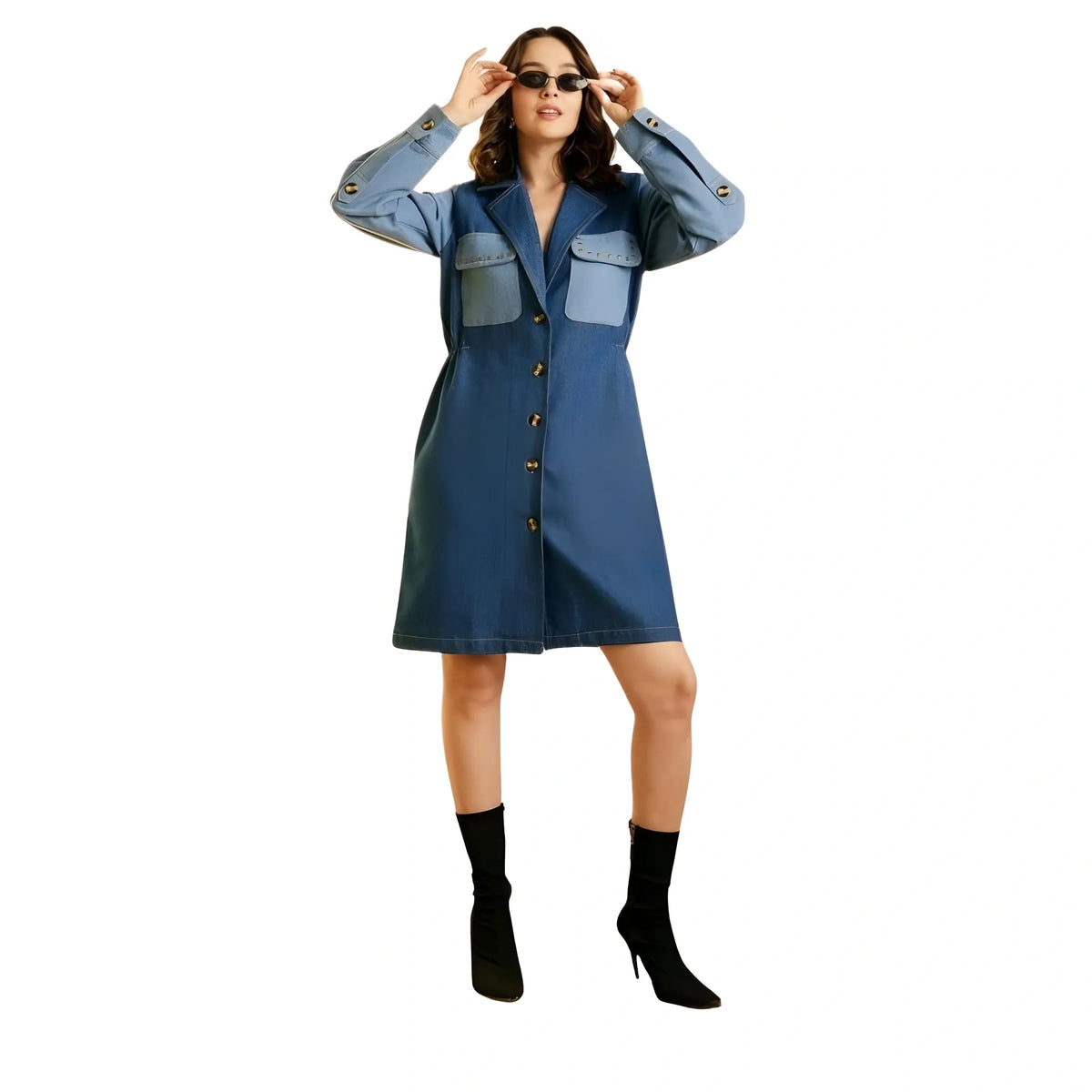 Women's Denim Color Blocking Roll Up Dress (blue) | Women Signature Collection