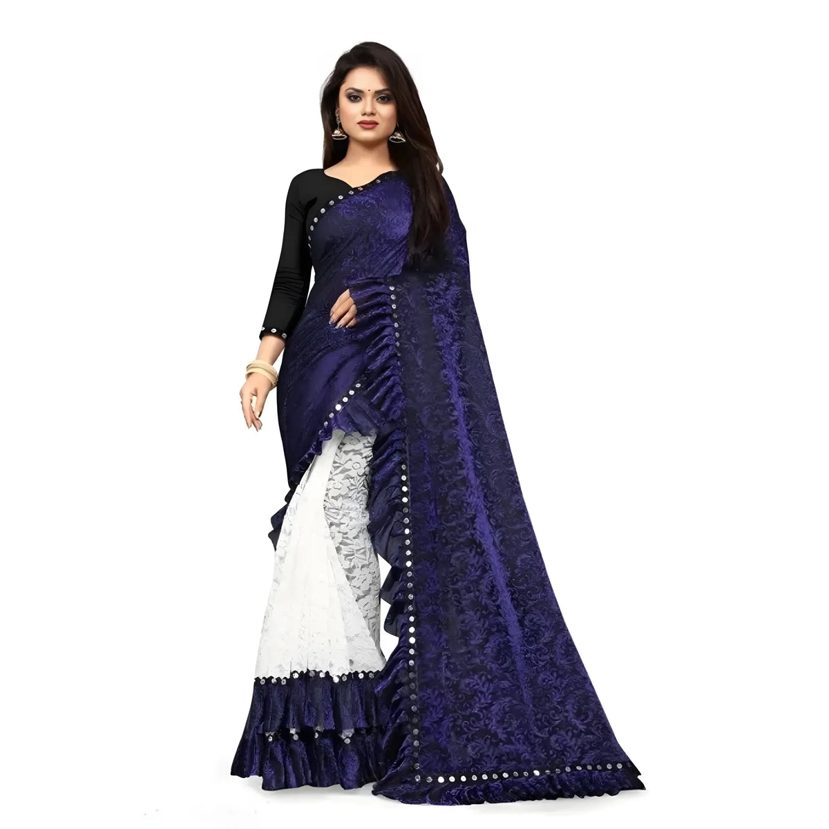 Women's Silk With Mirror Lace Solid Saree With Unstitched Blouse (blue, 5 5 Mtrs) | Women Signature Collection