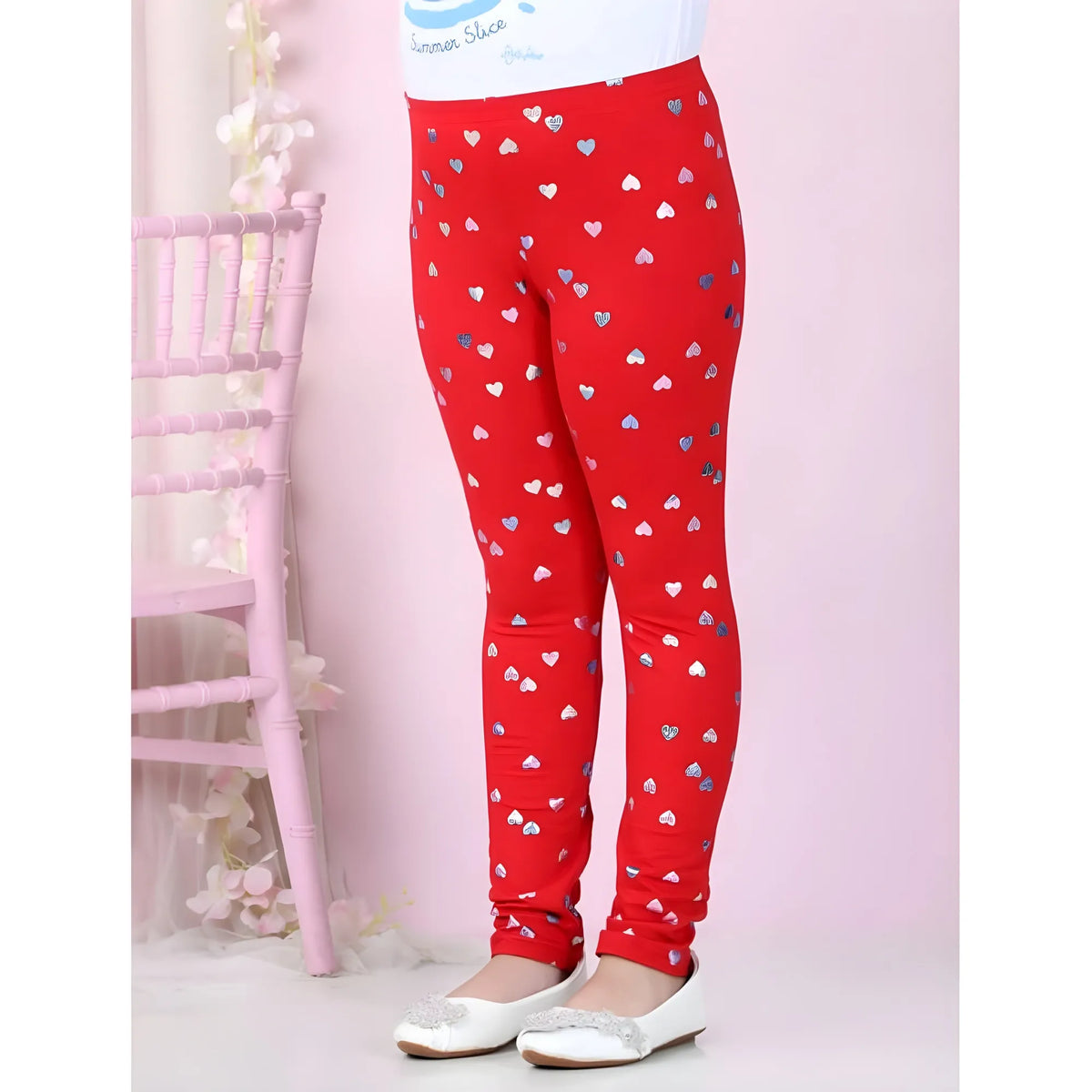 Girl's Cotton Lycra Embellished Elasticated Leggings (Red)