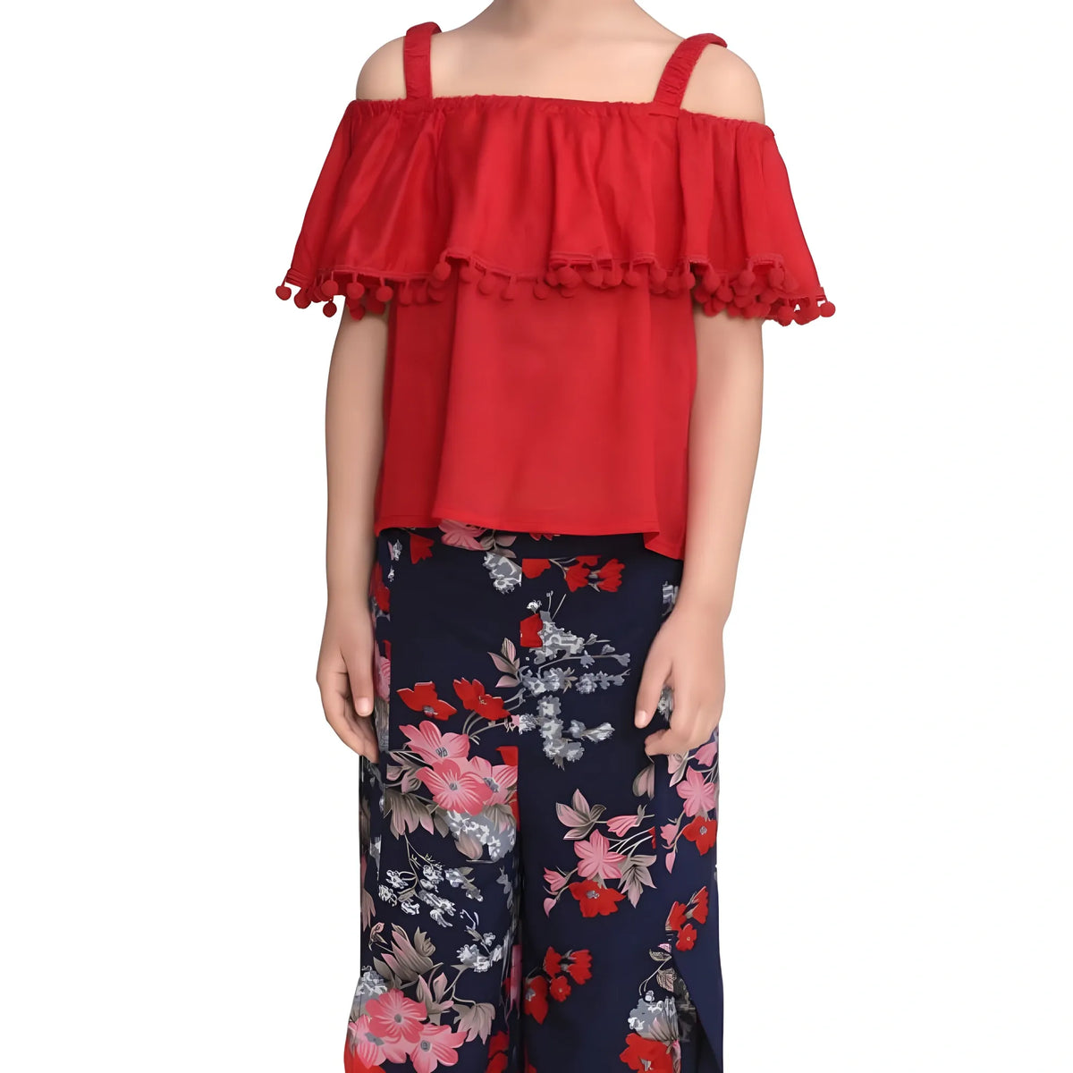 Girl's Rayon Crepe Printed Cold Shoulder Top And Pants Set (red Navy) | Kids Signature Collection