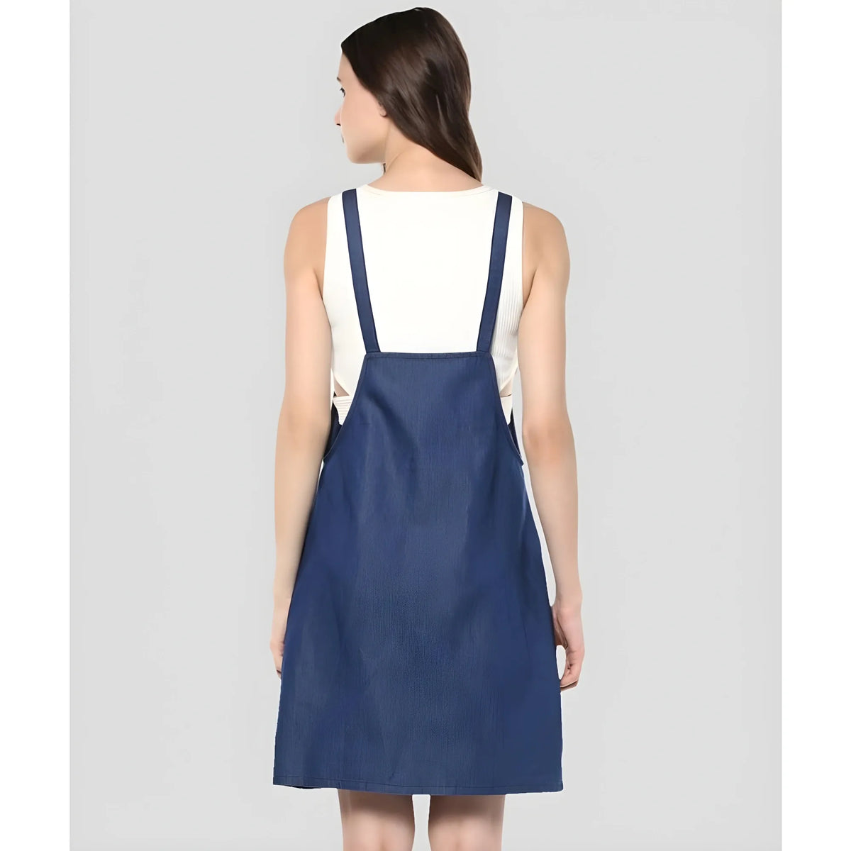 Women's Denim Solid Shoulder Straps Above Knee Dress (blue) | Women Signature Collection