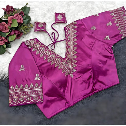 Amethyst Women's Satin Embroidered Half sleeve V-Neck Padded Readymade Blouse