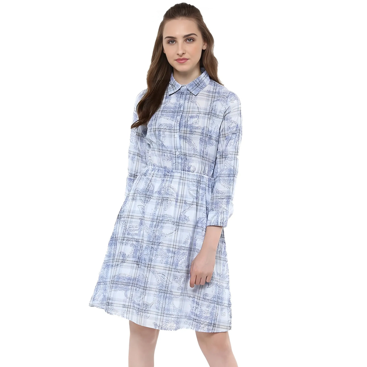 Women's Cotton Checkered Roll Up Sleeve Above Knee Dress (blue) | Women Signature Collection