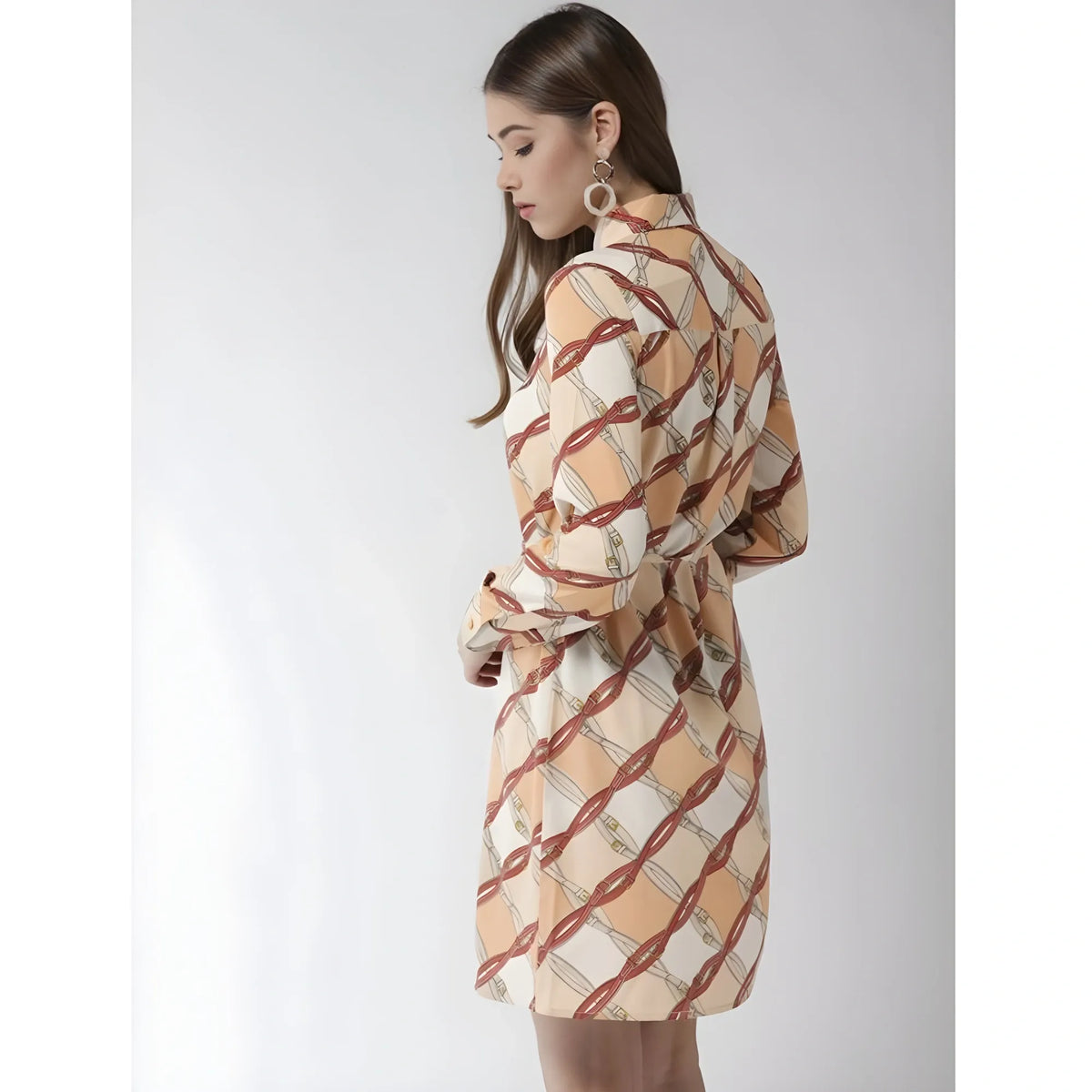 Women's Polyester Printed Roll Up Sleeve Above Knee Dress (off White Brown) | Women Signature Collection