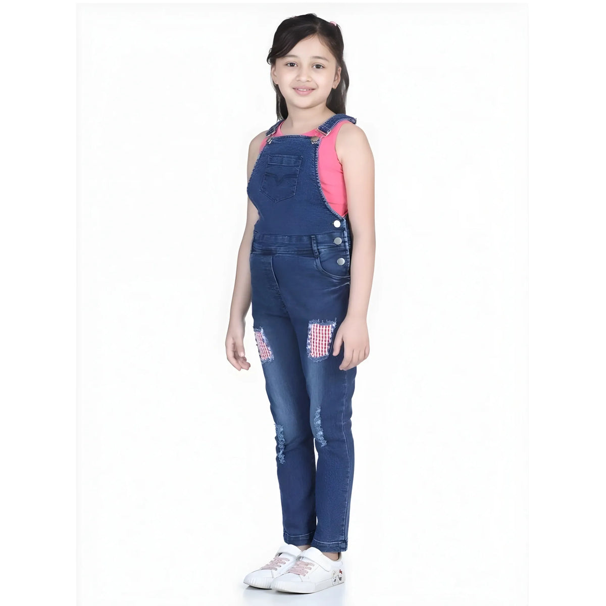 Girl's Denim Patch Work Buttoned Dungaree (blue) | Kids Signature Collection