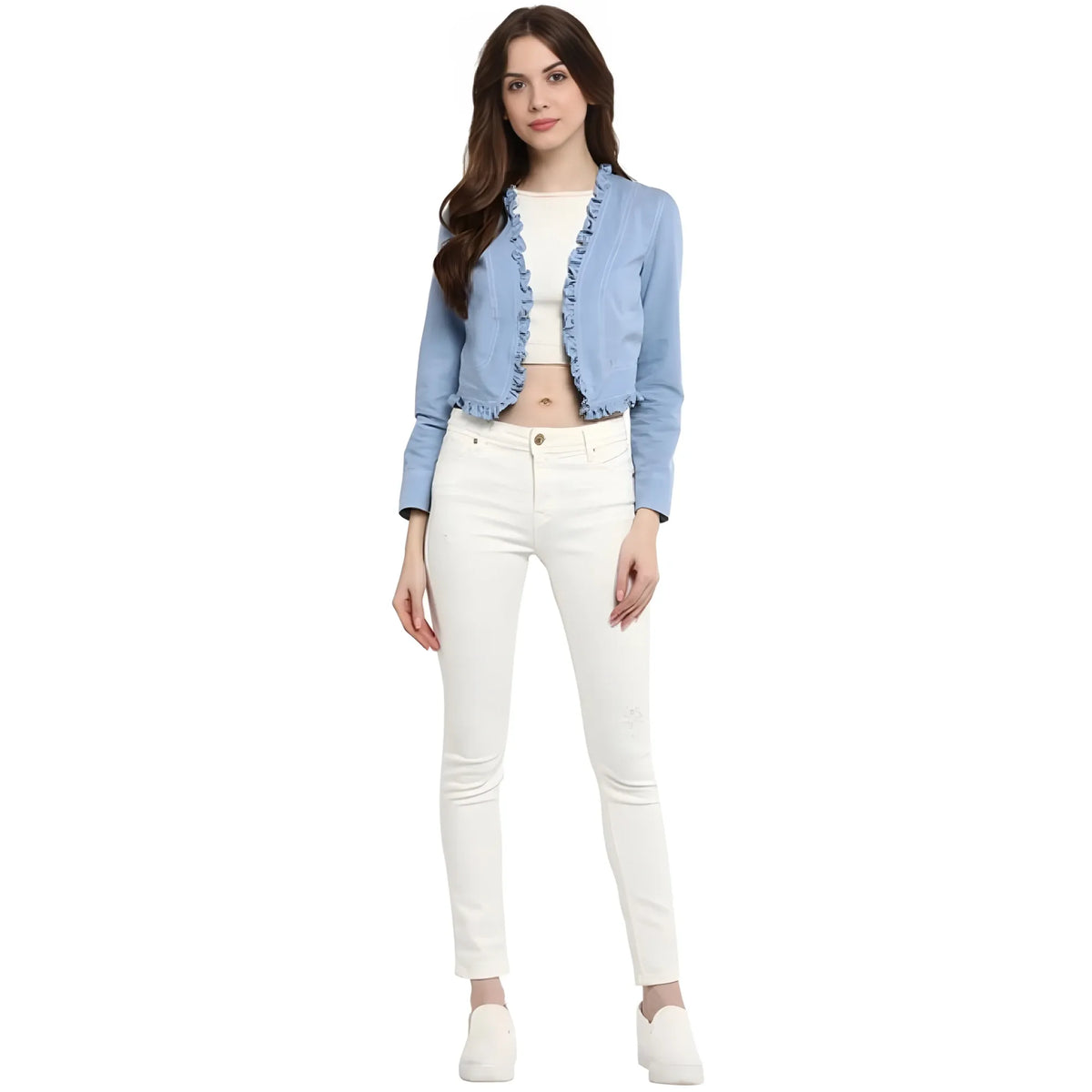 Women's Denim Ruffled Long Sleeves Shrug (blue) | Women Signature Collection