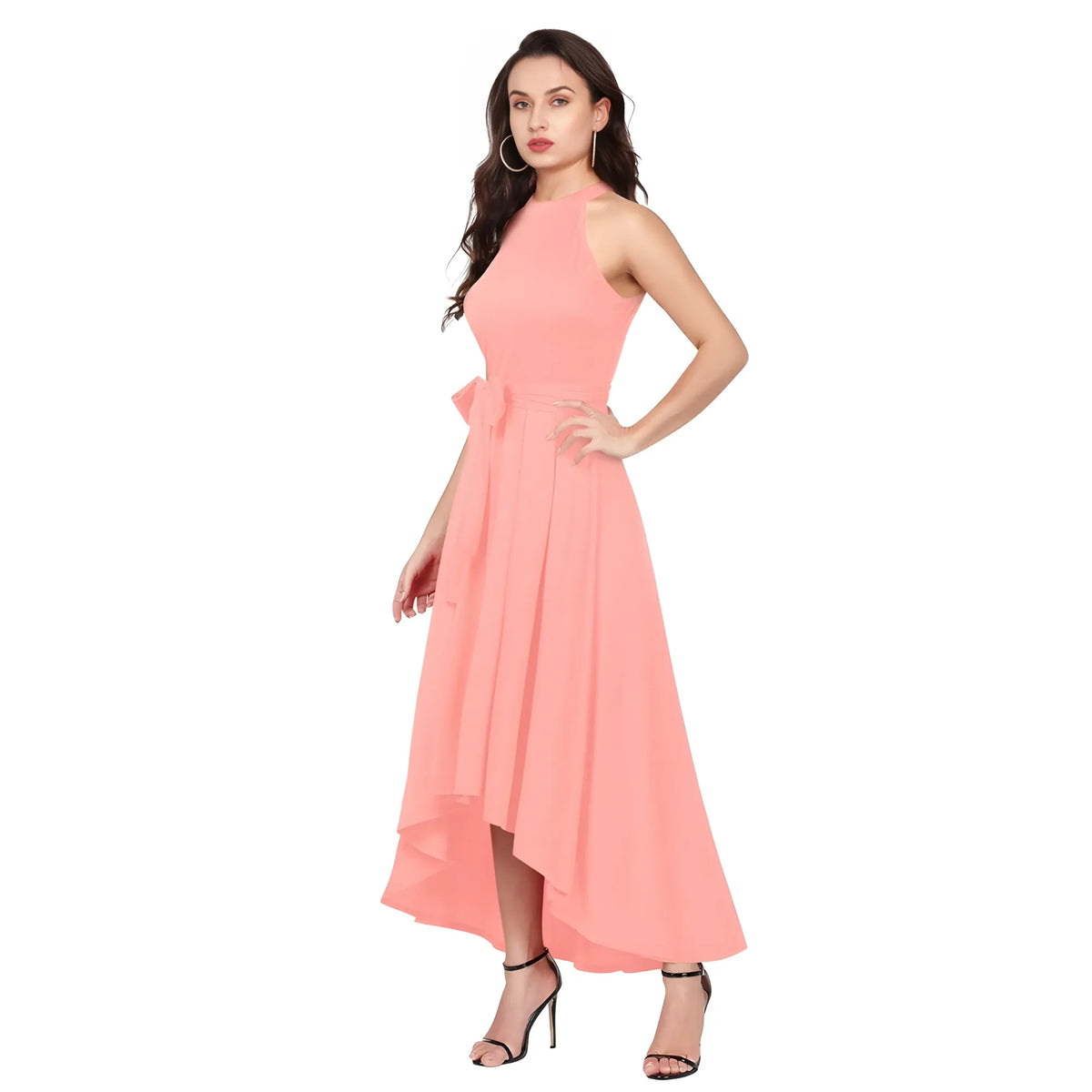 Women's Polyster Solid Halter Neck Sleeveless Dress (peach) | Women Signature Collection