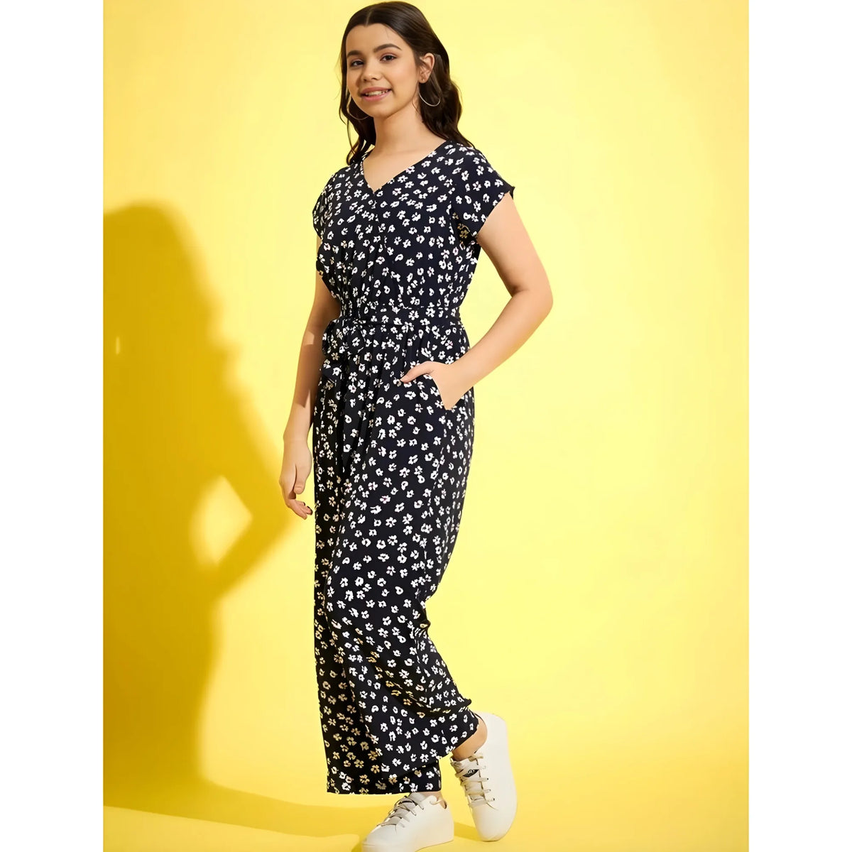 Girl's Polyester Moss Floral Short Sleeves Jumpsuit (navy White) | Kids Signature Collection