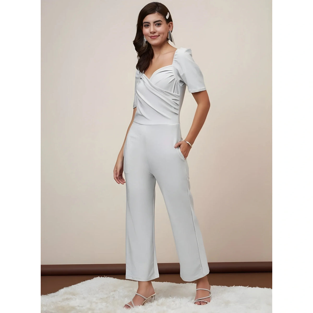 Women's Polyester Shimmer Self Design Short Sleeve Jumpsuit (silver) | Women Signature Collection