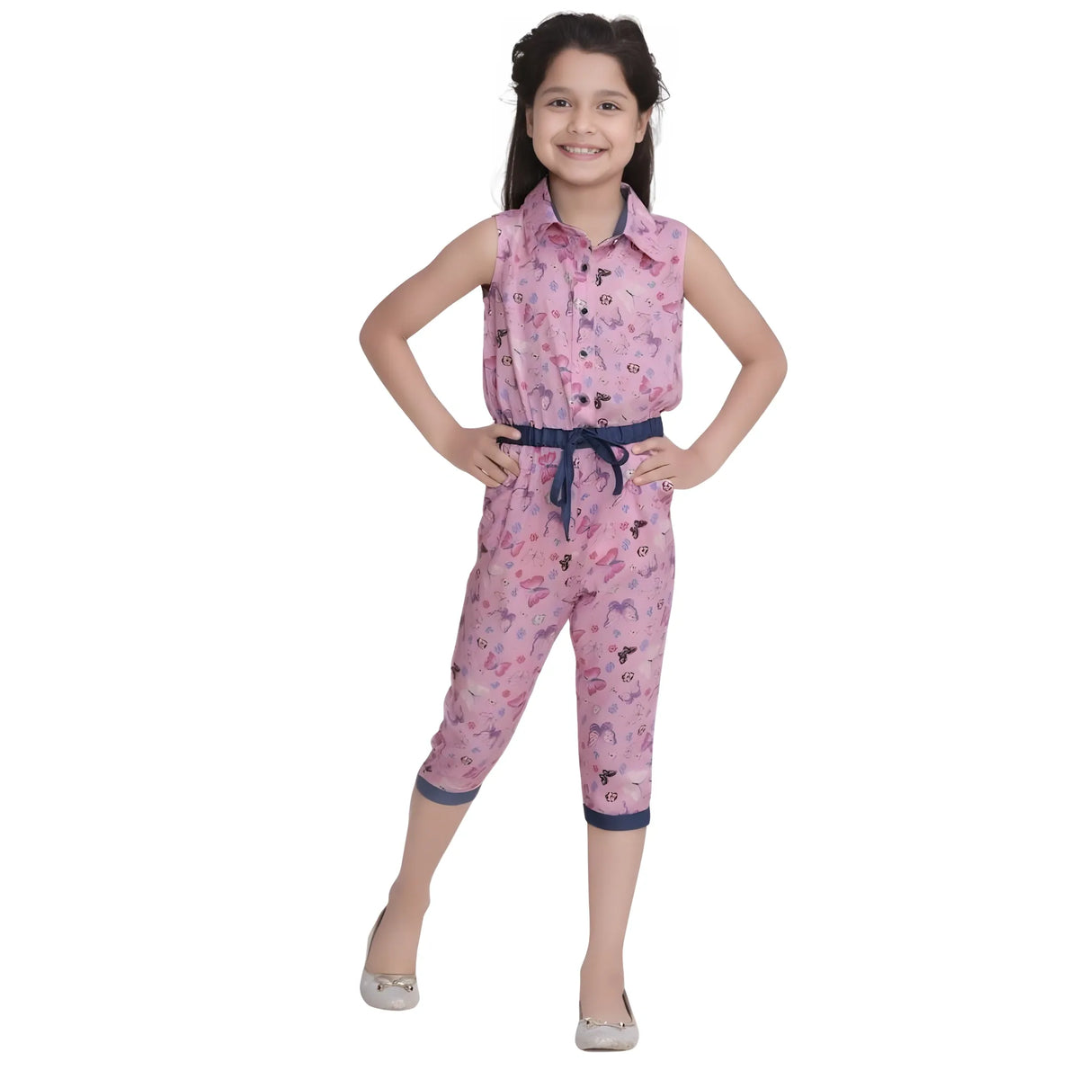 Girl's Cotton Printed Sleeveless Jumpsuit (pink) | Kids Signature Collection