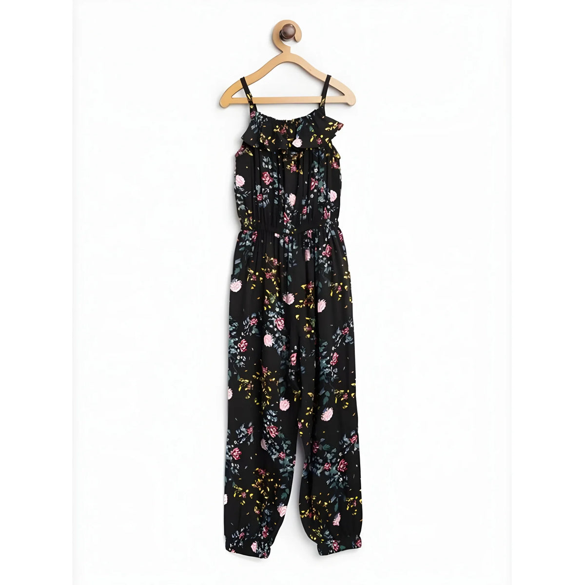 Girl's Rayon Floral Sleeveless Jumpsuit (black Pink) | Kids Signature Collection